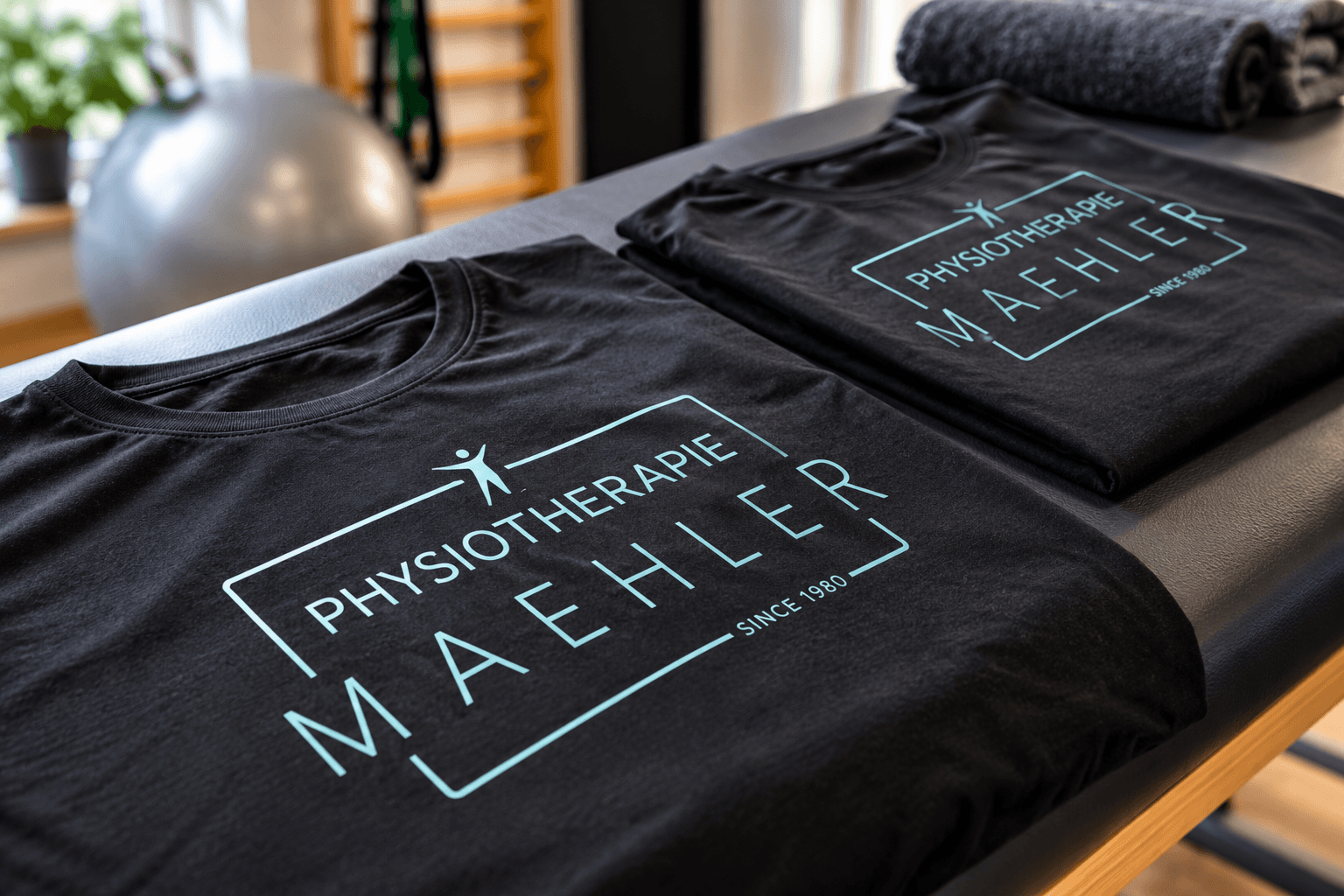 Schwarzes T-Shirt mit Bedruckung des Firmenlogos.